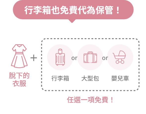 行李箱也免費代為保管!= 脫下的衣服 + 任選一項免費!(行李箱 or 大型包 or 嬰兒車)